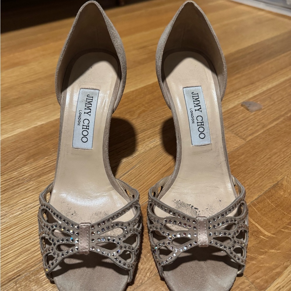 Jimmy Choo Tan Suede Stiletto Heels with Jewel Tones size 37.5